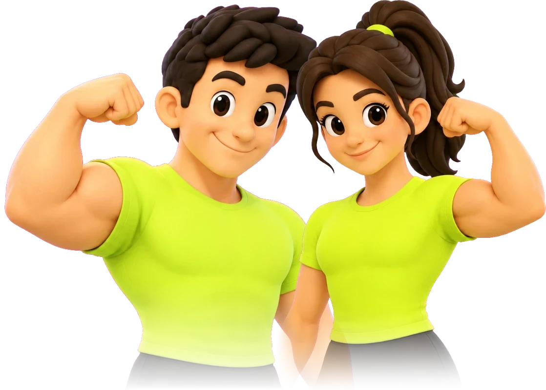 The ArmPeak characters, a man and a woman, flexing their biceps